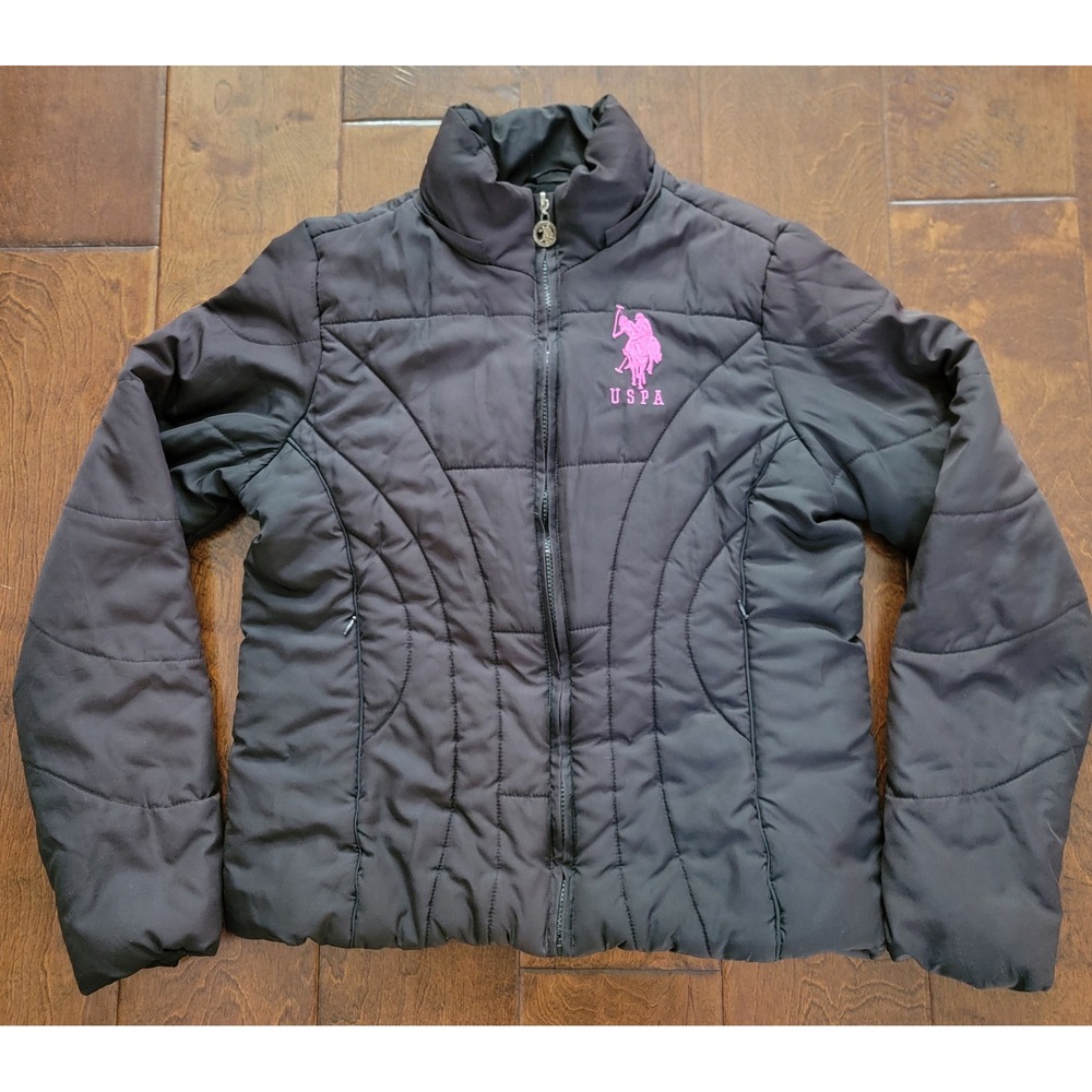 US Polo Assn Women Black Puffer Jacket Pink Logo Quilted Full Zip Coat Large